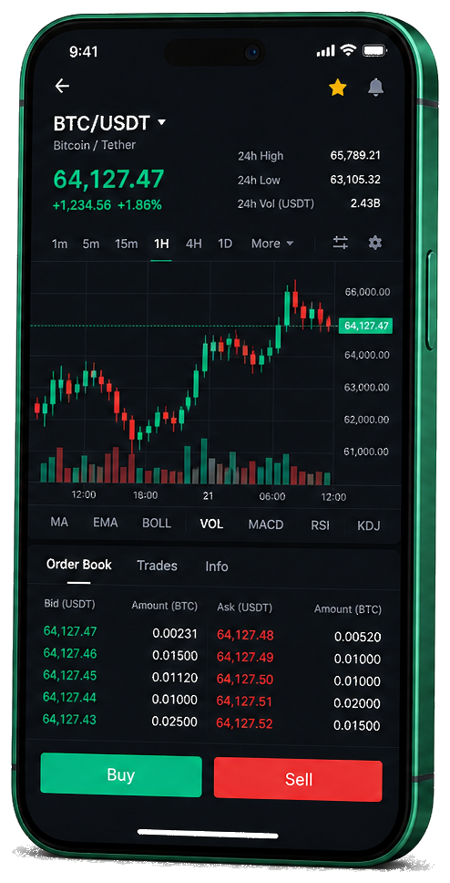 Mobiele handelsomgeving van Nobre Valordovia — live BTC/USDT-grafiek met orderboek en functies voor kopen en verkopen